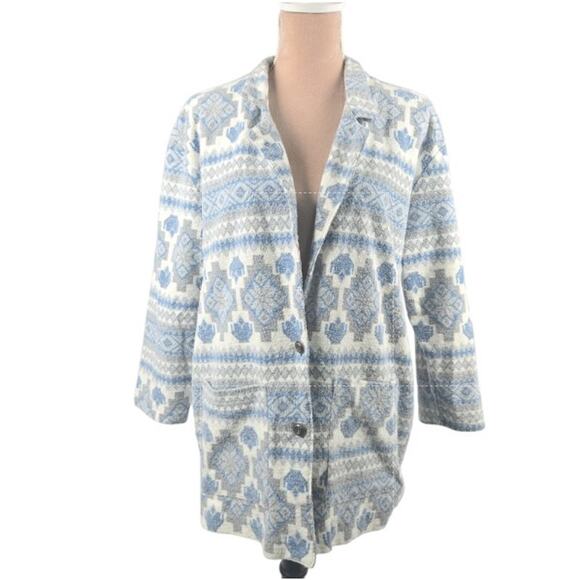 Vintage 90s Just Dawn Flannel Blazer Blue Aztec Size Medium - Picture 1 of 5